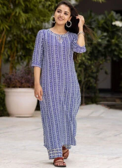 Blue Muslin Printed Kurta Straight Pant Set After Six Wear -C Bazaar Shop blue muslin printed kurta straight pant set krspranju67 u