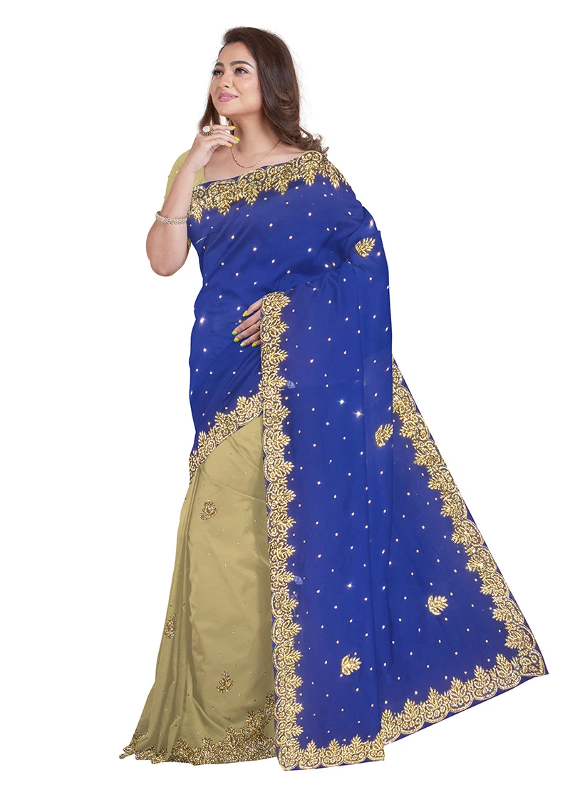 Blue N Beige Georgette Hand Work Half N Half Saree Festive Wear 3 Blue N Beige Georgette Hand Work Half N Half Saree Festive Wear - Image 3