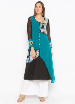 Blue N Black Georgette Digital Printed Kurta Palazzo Set After Six Wear -C Bazaar Shop blue n black georgette digital printed kurta palazzo set krsmnc2083ks u