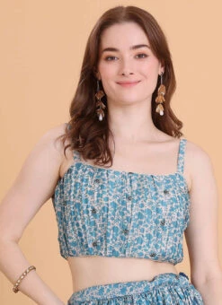 Blue N Cream Chinon Embroidered Blouse Festive Wear -C Bazaar Shop blue n cream chinon embroidered blouse BLBS02309121 u