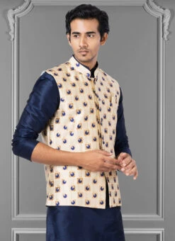 Blue N Cream Jacquard Silk Nehru Jacket 5 Blue N Cream Jacquard Silk Nehru Jacket -C Bazaar Shop blue n cream jacquard silk nehru jacket jmkkvs494 b