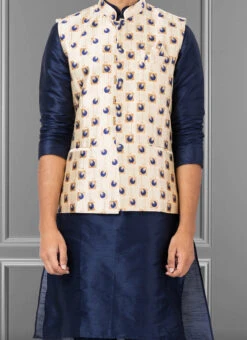 Blue N Cream Jacquard Silk Nehru Jacket