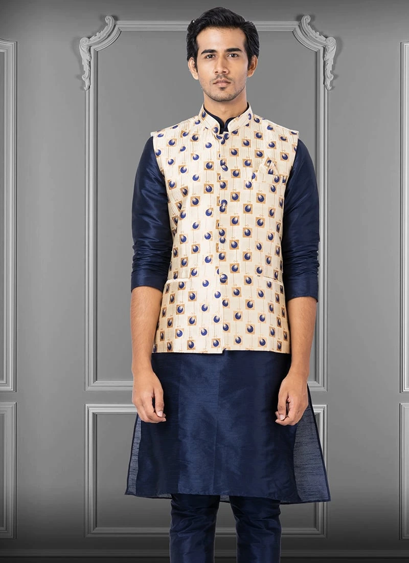 Blue N Cream Jacquard Silk Nehru Jacket 2 Blue N Cream Jacquard Silk Nehru Jacket - Image 2