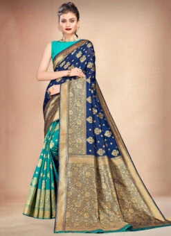 Blue Art Silk Half N Half Saree Festive Wear -C Bazaar Shop blue n pink art silk half n half saree sasli11786003 u