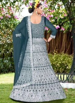 Blue Net Embroidered A Line Lehenga Party Wear -C Bazaar Shop blue net embroidered a line lehenga ghska468119004 b