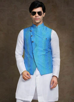 Blue Printed Nehru Jacket -C Bazaar Shop blue printed nehru jacket jkmmdcj385 b