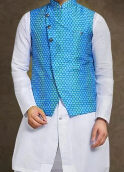Blue Printed Nehru Jacket