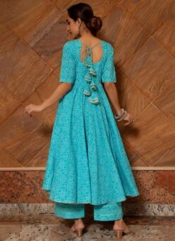 Blue Pure Cotton Bandhej Printed Anarkali Suit Party Wear -C Bazaar Shop blue pure cotton bandhej printed anarkali suit sljpjrb01 b