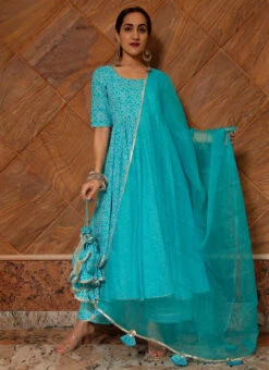 Blue Pure Cotton Bandhej Printed Anarkali Suit Party Wear -C Bazaar Shop blue pure cotton bandhej printed anarkali suit sljpjrb01 u