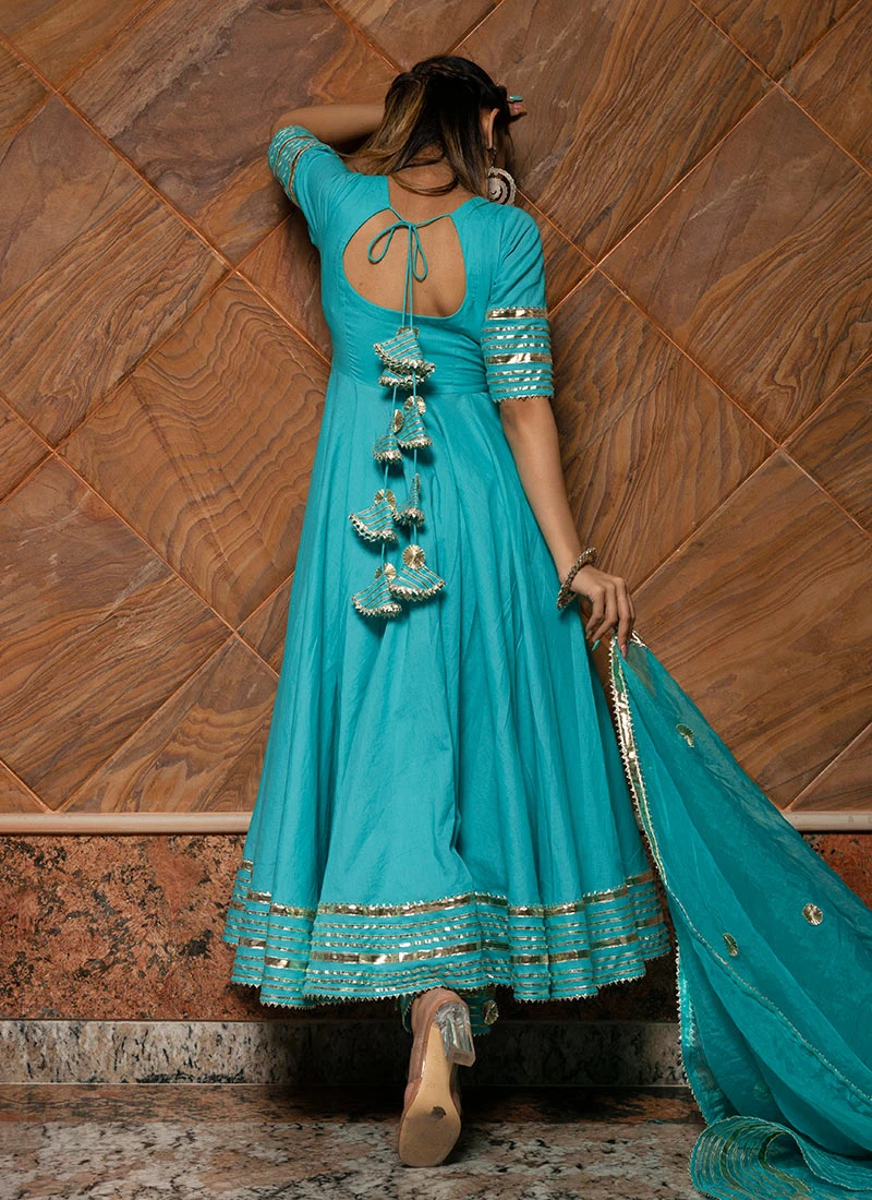 Blue Pure Cotton Gota Patti Work Anarkali Suit Party Wear 4 Blue Pure Cotton Gota Patti Work Anarkali Suit Party Wear - Image 4