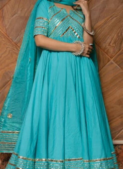 Blue Pure Cotton Gota Patti Work Anarkali Suit Party Wear