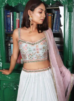 Light Grey Pure Silk Hand Work A Line Lehenga Party Wear -C Bazaar Shop blue pure silk hand work a line lehenga ghksg4033 b