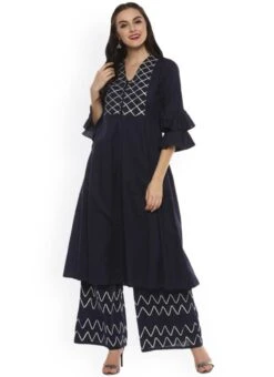 Blue Rayon Kurta Palazzo Set Work Wear -C Bazaar Shop blue rayon kurta palazzo set krsdmf897 u