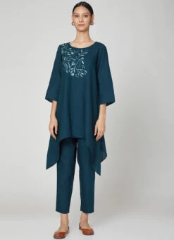 Blue Rayon Slub Kurta Straight Pant Set Work Wear -C Bazaar Shop blue rayon slub kurta straight pant set krsdvcsvts24 u