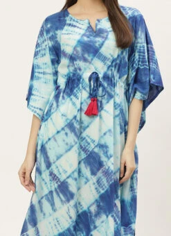 Blue Rayon Tie N Dye Kaftan Long Tunic Work Wear