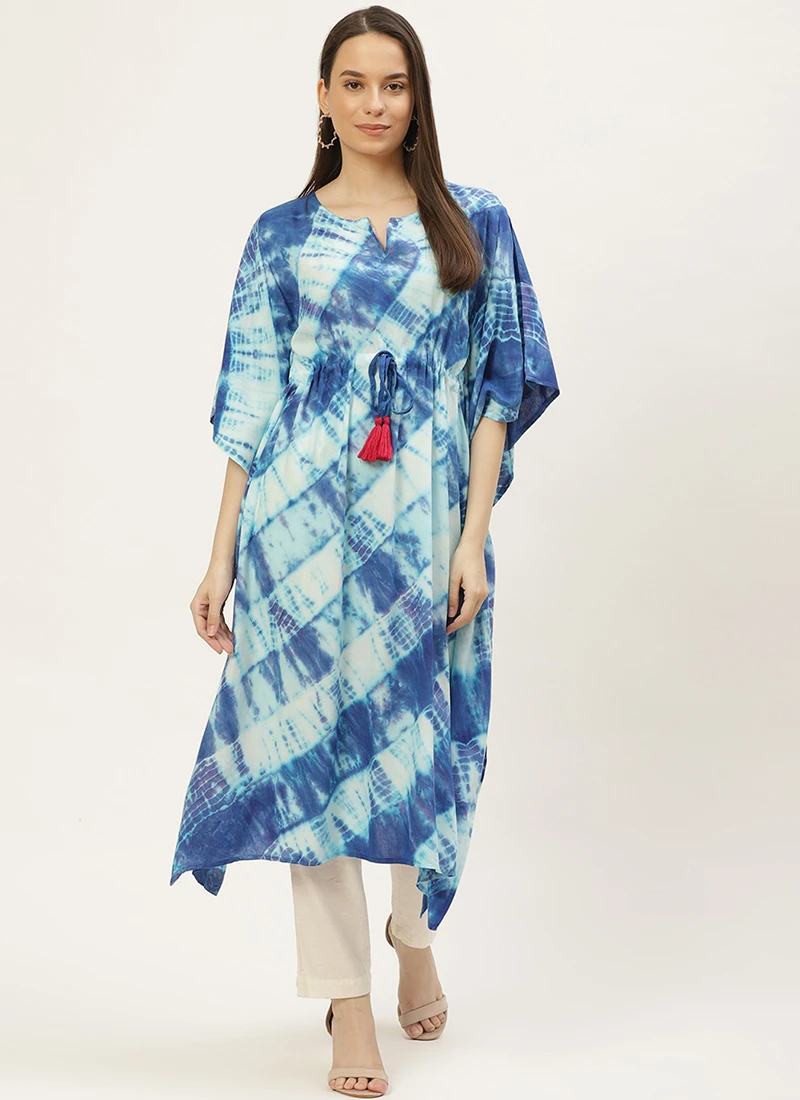 Blue Rayon Tie N Dye Kaftan Long Tunic Work Wear 3 Blue Rayon Tie N Dye Kaftan Long Tunic Work Wear - Image 3