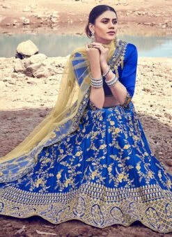 Blue Satin Silk Embroidered A Line Lehenga Party Wear -C Bazaar Shop blue satin silk embroidered a line lehenga ghssitmtv39603 b