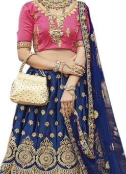 Blue Satin Silk Golden Thread Embroidery A Line Lehenga Party Wear