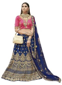 Blue Satin Silk Golden Thread Embroidery A Line Lehenga Party Wear -C Bazaar Shop blue satin silk golden thread embroidery a line lehenga ghsst40006 u