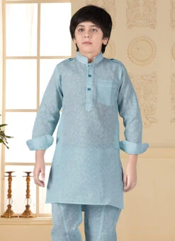 Blue Silk Cotton Pathani Set -C Bazaar Shop blue silk cotton pathani set kdmss6124 b