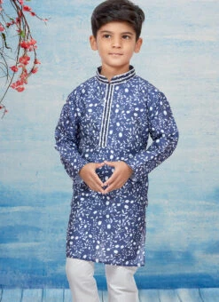 Blue Silk Dupion Printed Kids Kurta Pyjama Party Wear -C Bazaar Shop blue silk dupion printed kids kurta pyjama kdbsgrk714 b
