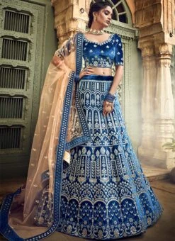 Blue Velvet A Line Lehenga Party Wear -C Bazaar Shop blue velvet a line lehenga ghmkns3401 u