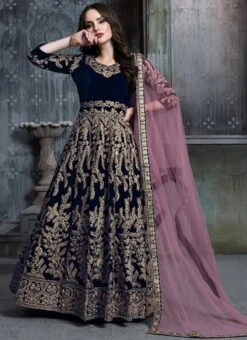 Blue Velvet Anarkali Suit Party Wear -C Bazaar Shop blue velvet anarkali suit slscc1601b u
