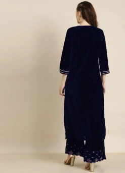 Blue Velvet Embroidered Kurta Palazzo Set Work Wear -C Bazaar Shop blue velvet embroidered kurta palazzo set krsdmf7327ny b