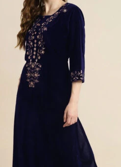 Blue Velvet Embroidered Kurta Palazzo Set Work Wear