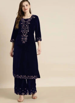 Blue Velvet Embroidered Kurta Palazzo Set Work Wear -C Bazaar Shop blue velvet embroidered kurta palazzo set krsdmf7327ny u