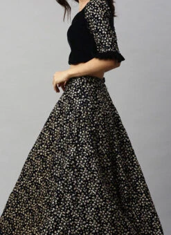 Blue Velvet Embroidered Umbrella Skirt Party Wear