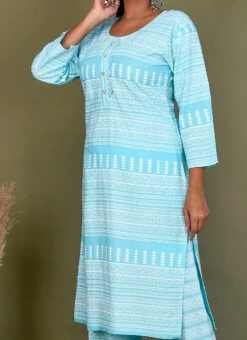 Blue Viscose Rayon Printed Kurta Semi Palazzo Set Work Wear