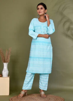 Blue Viscose Rayon Printed Kurta Semi Palazzo Set Work Wear -C Bazaar Shop blue viscose rayon printed kurta semi palazzo set krsjscd54 u