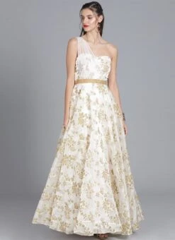 Ethnovog White One Shoulder Gown Party Wear -C Bazaar Shop bollywood vogue customised white one shoulder gown IWBV01903799 u