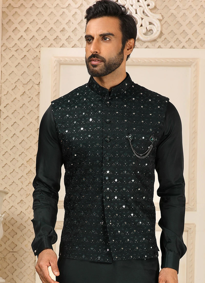 Bottle Green Art Silk Mirror Work Bandi Set Party Wear 3 Bottle Green Art Silk Mirror Work Bandi Set Party Wear - Image 3