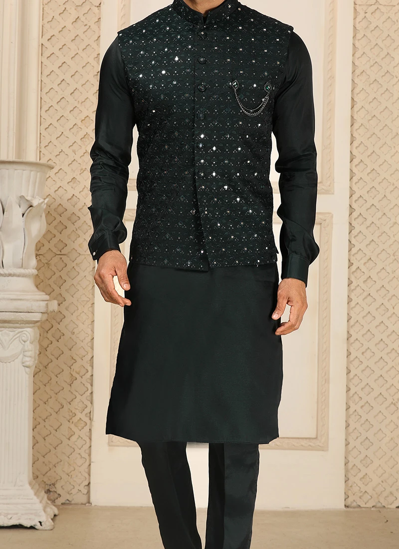 Bottle Green Art Silk Mirror Work Bandi Set Party Wear 1 Bottle Green Art Silk Mirror Work Bandi Set Party Wear