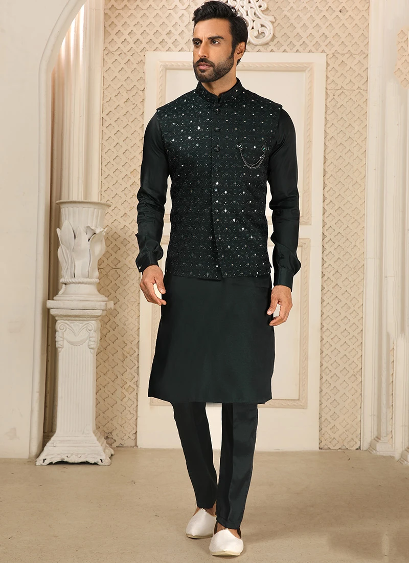 Bottle Green Art Silk Mirror Work Bandi Set Party Wear 2 Bottle Green Art Silk Mirror Work Bandi Set Party Wear - Image 2