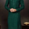 Bottle Green Cotton Lucknowi Embroidery Kurta Pyjama Party Wear