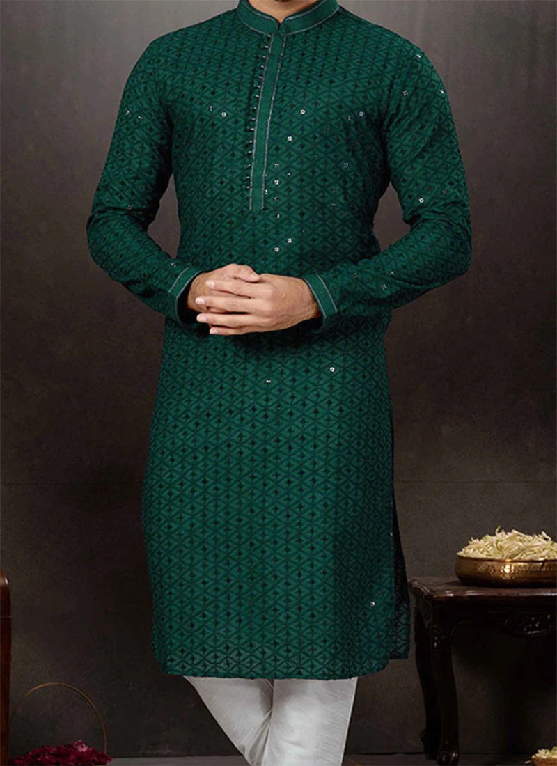 Bottle Green Cotton Lucknowi Embroidery Kurta Pyjama Party Wear 1 Bottle Green Cotton Lucknowi Embroidery Kurta Pyjama Party Wear