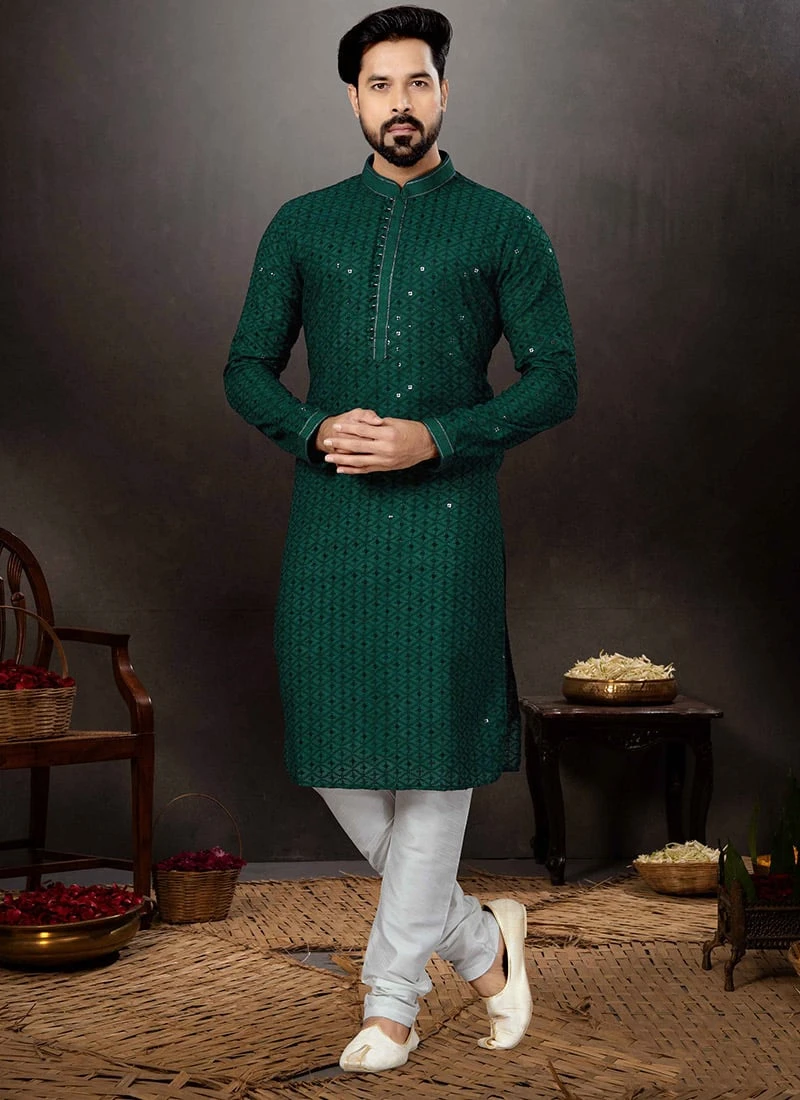 Bottle Green Cotton Lucknowi Embroidery Kurta Pyjama Party Wear 2 Bottle Green Cotton Lucknowi Embroidery Kurta Pyjama Party Wear - Image 2