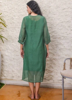 Bottle Green Embroidery Silk Dress Work Wear -C Bazaar Shop bottle green embroidery silk dress drsbadjudrg01 b