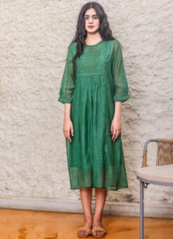 Bottle Green Embroidery Silk Dress Work Wear -C Bazaar Shop bottle green embroidery silk dress drsbadjudrg01 u