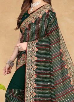 Bottle Green Georgette Zari Embroidery Work Saree Party Wear