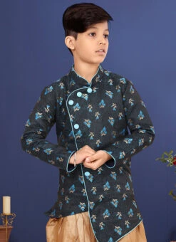 Dark Grey Jacquard Silk Boys Indowestern Sherwani Party Wear -C Bazaar Shop bottle green jacquard silk boys indowestern sherwani kdbkvs649 b