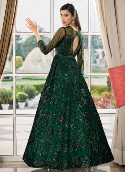 Bottle Green Net Sequins Embroidered Anarkali Suit Party Wear -C Bazaar Shop bottle green net sequins embroidered anarkali suit slsak31764833 b