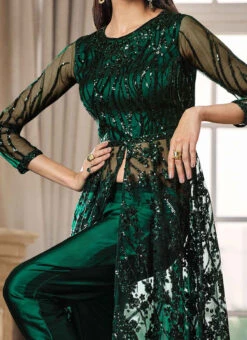 Bottle Green Net Sequins Embroidered Anarkali Suit Party Wear