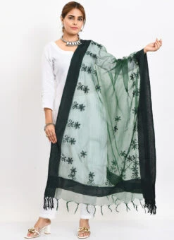 Bottle Green Organza Cotton Chikankari Embroidery Dupatta Work Wear -C Bazaar Shop bottle green organza cotton chikankari embroidery dupatta dpdmimfd116 u