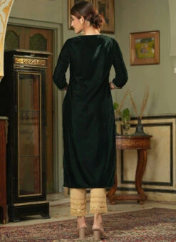 Bottle Green Velvet Embroidered Kurta Straight Pant Set Work Wear 7 Bottle Green Velvet Embroidered Kurta Straight Pant Set Work Wear -C Bazaar Shop bottle green velvet embroidered kurta straight pant set krsdmf7329bg b