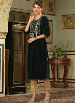 Bottle Green Velvet Embroidered Kurta Straight Pant Set Work Wear 6 Bottle Green Velvet Embroidered Kurta Straight Pant Set Work Wear -C Bazaar Shop bottle green velvet embroidered kurta straight pant set krsdmf7329bg u