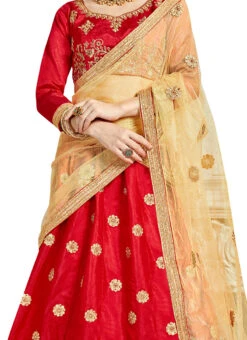 Bright Red Art Silk Embroidered A Line Lehenga Wedding Wear